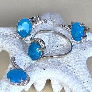 925 Sterling Silver Set Ring, Earrings, Pendant with Natural Blue Opal Gemstone